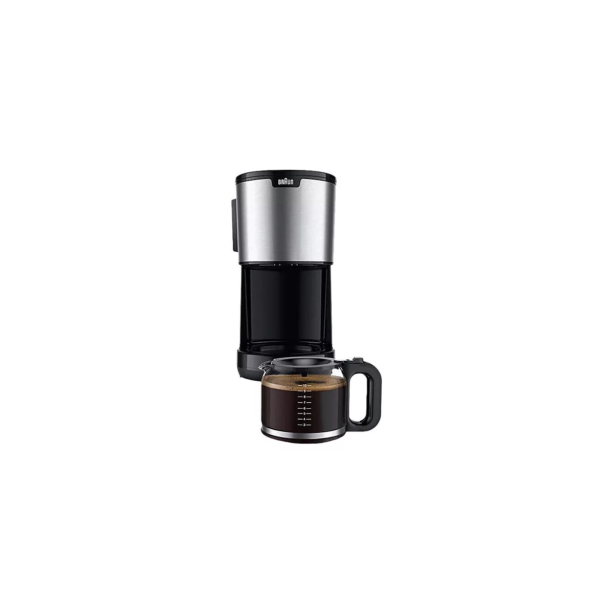 Schwarze Braun Kaffeemaschine mit silbernem Gehäuse und einer Glaskanne mit frisch gebrühtem Kaffee.
