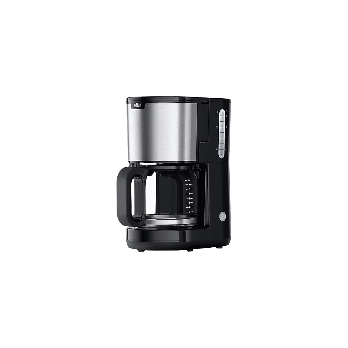 Schwarze Braun Filterkaffeemaschine mit Edelstahlakzenten und Glaskanne vor weißem Hintergrund.