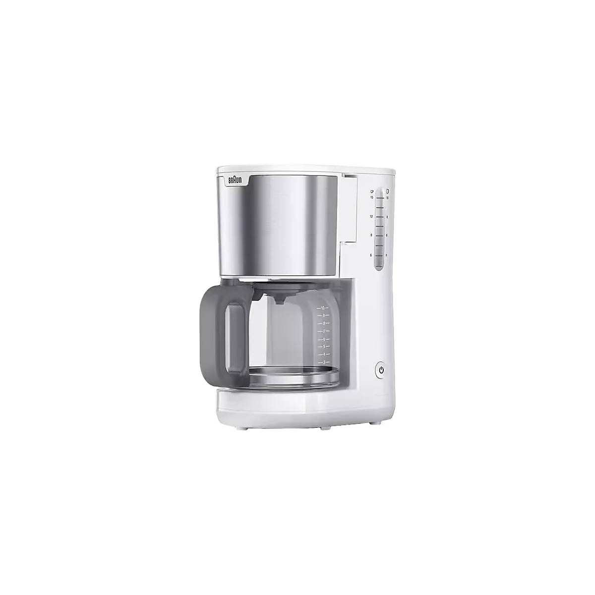 Weiße Braun Filterkaffeemaschine mit Glaskanne und silbernen Akzenten vor weißem Hintergrund.