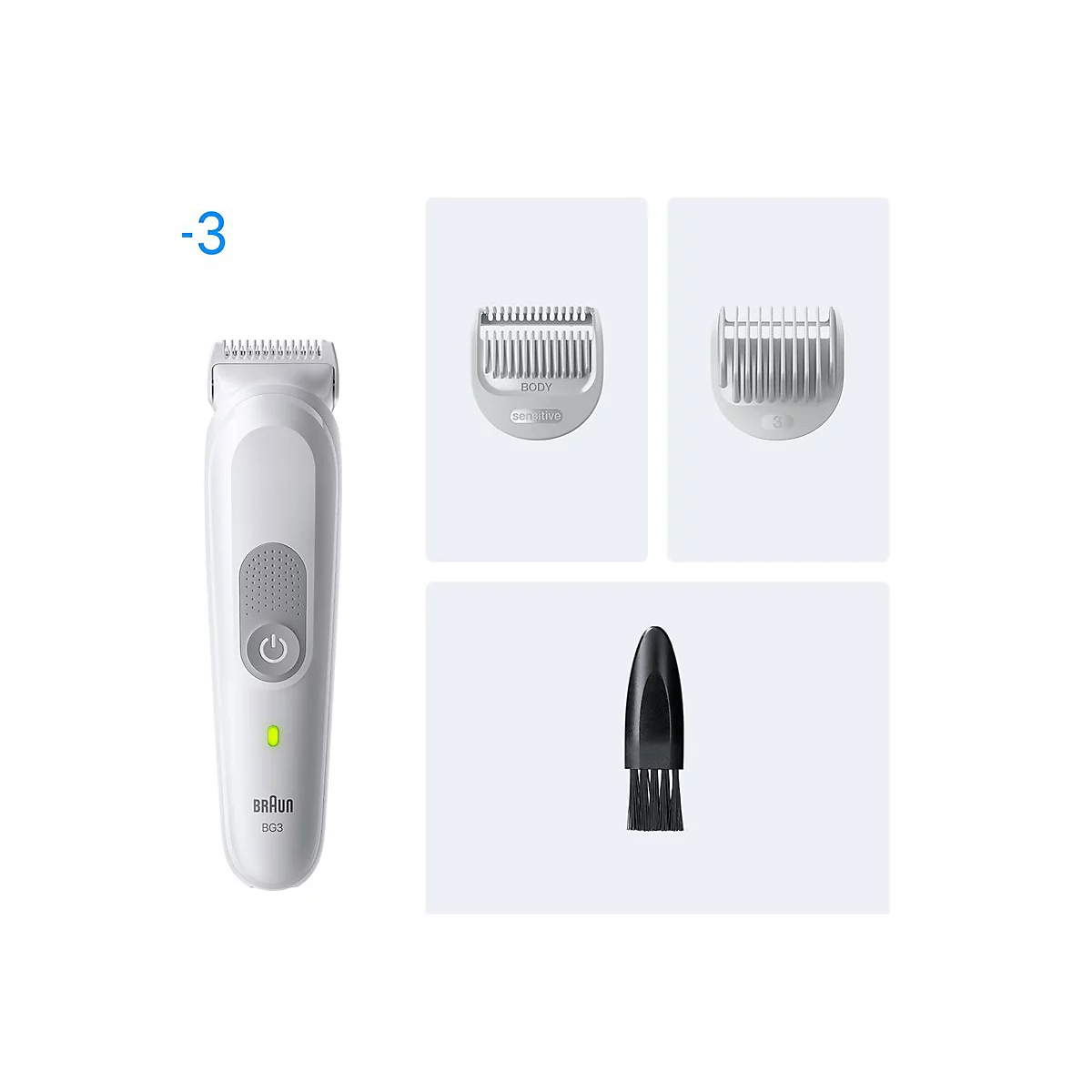 Weißer Braun Bodygroomer mit zwei Aufsätzen und kleiner Reinigungsbürste auf hellem Hintergrund.