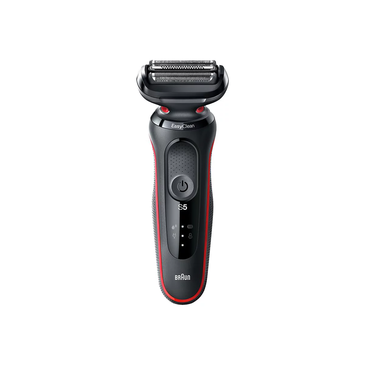 Braun Series 5 Rasierer in Schwarz mit roten Akzenten und EasyClean-Schriftzug vor weißem Hintergrund.