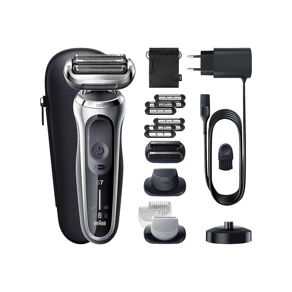 Braun Series 7 Elektrorasierer mit Reisetui, Ladegerät, verschiedenen Aufsätzen und Reinigungsbürste.