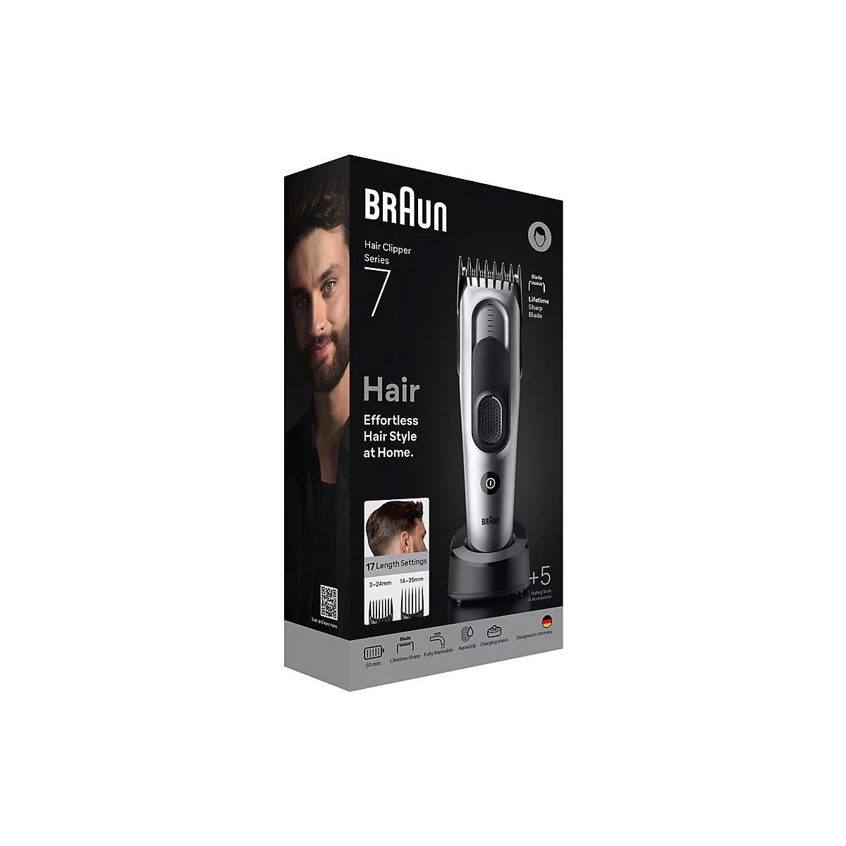Braun Haarschneider Series 7 in der Verpackung mit Zubehör und Produktbild eines Mannes.