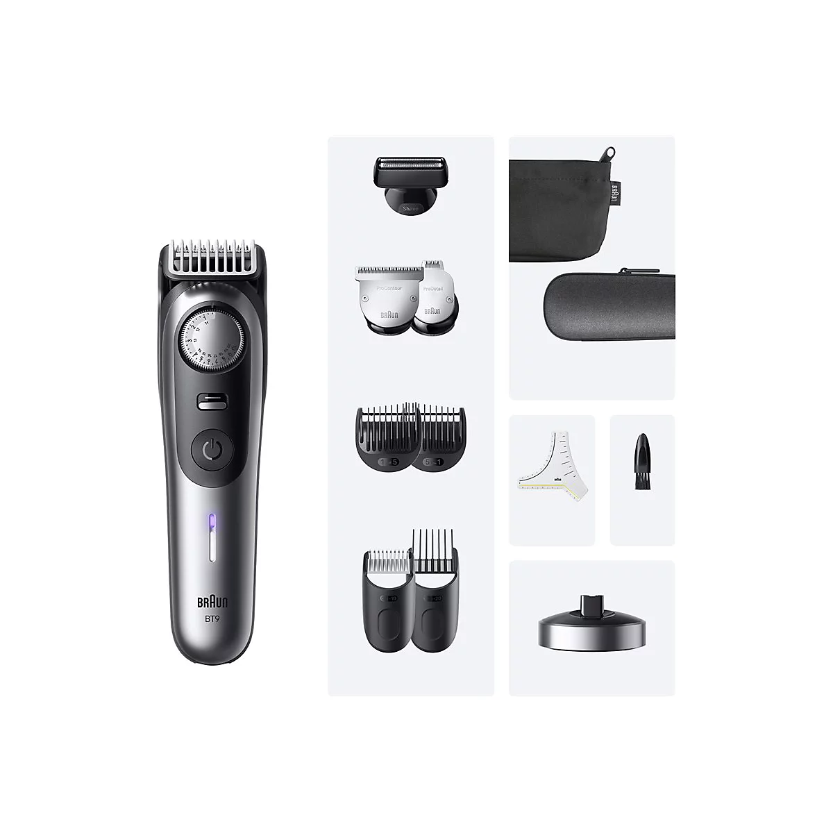 Braun BT9 Barttrimmer mit verschiedenen Aufsätzen, Scherköpfen, Etuis, Kammaufsätzen, Reinigungspinsel und Ladestation.