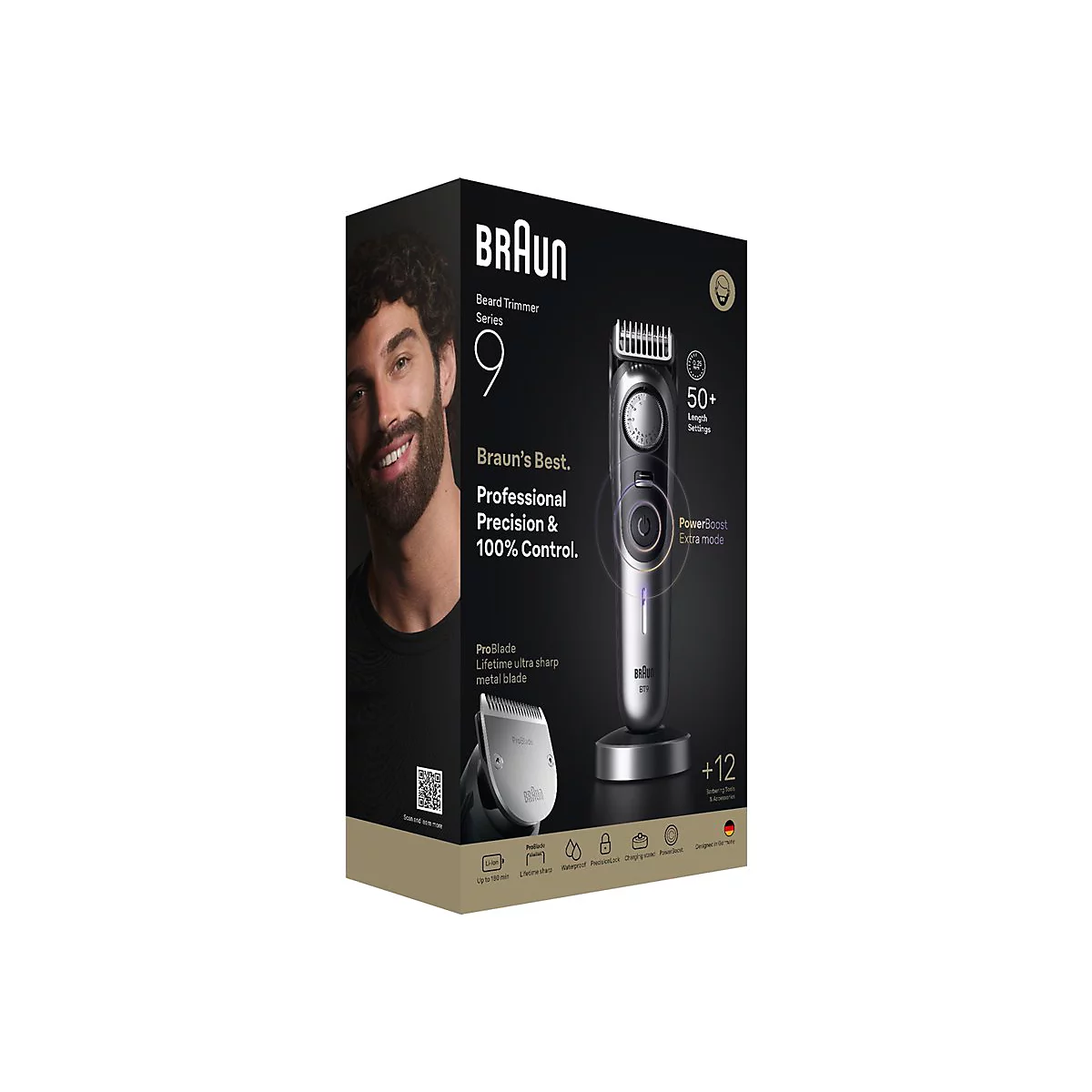 Verpackung des Braun Beard Trimmer Series 9 mit Produktabbildung und lächelndem Mann.