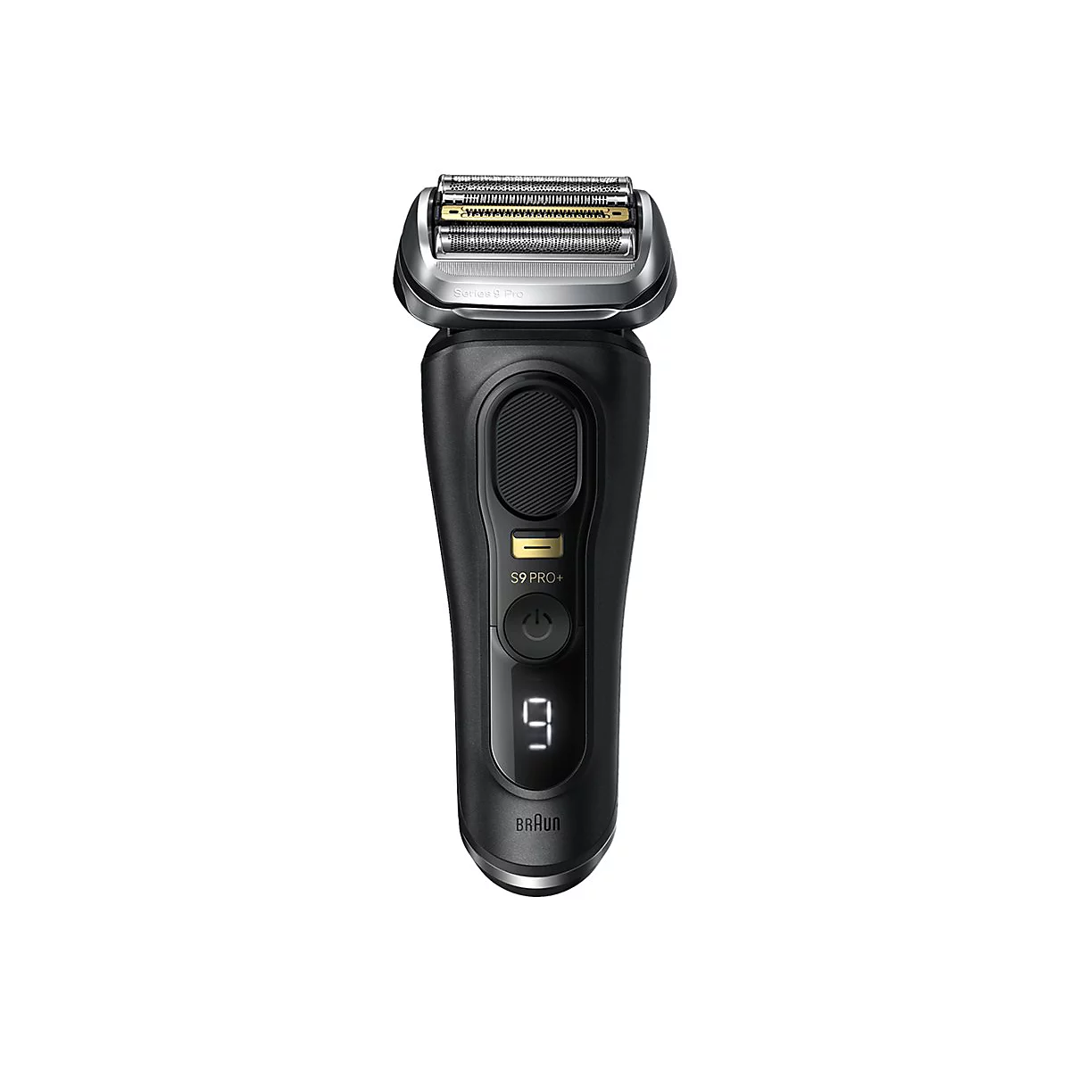 Schwarzer Braun Series 9 Pro+ Elektrorasierer vor weißem Hintergrund.
