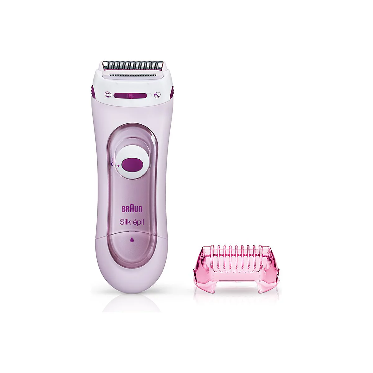 Braun Silk-épil Lady Shaver in Hellviolett mit Scherkopf und beiliegendem Trimmer-Aufsatz auf weißem Hintergrund.