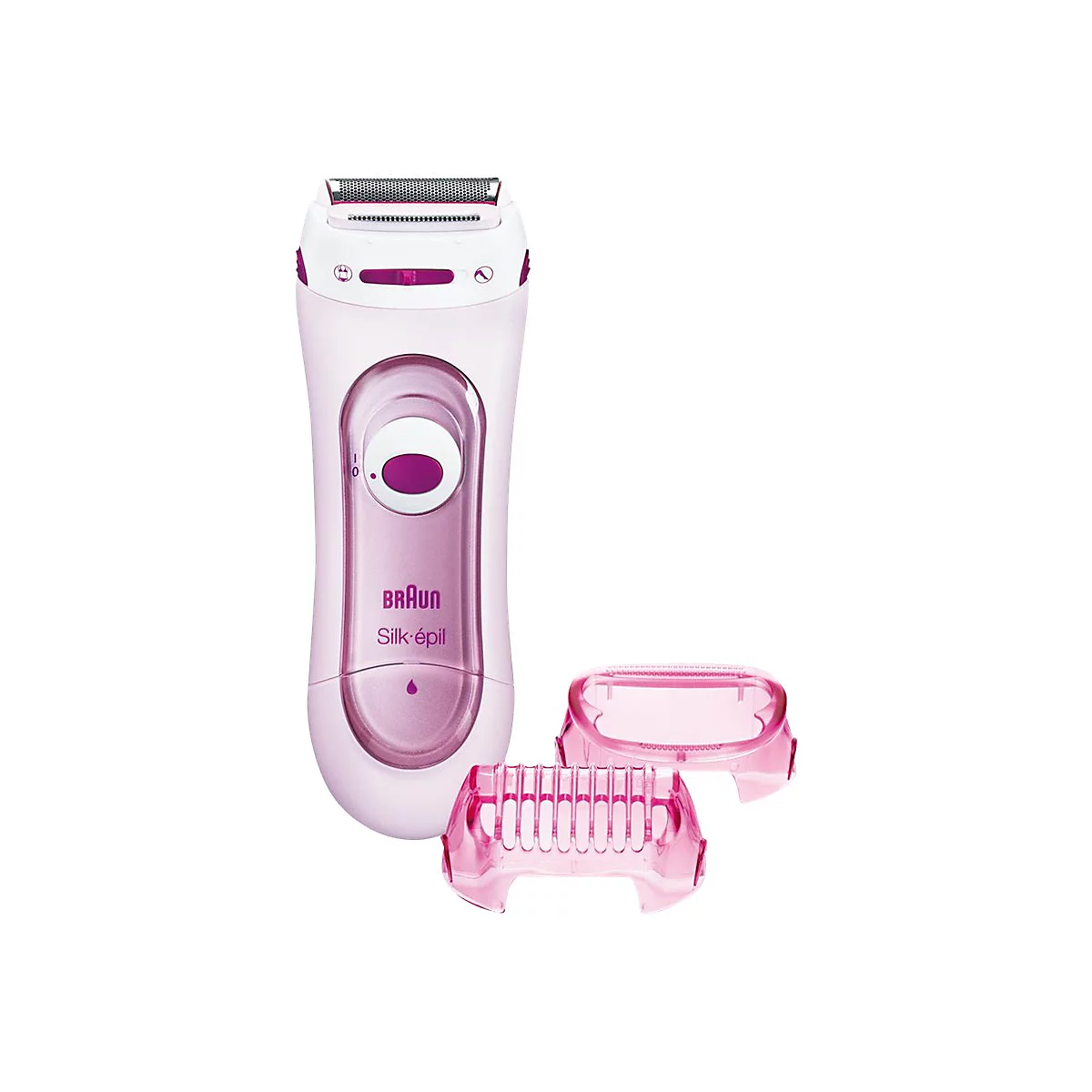 Braun Silk-épil Epilierer in Rosa und Weiß mit zwei zusätzlichen Aufsätzen vor weißem Hintergrund.