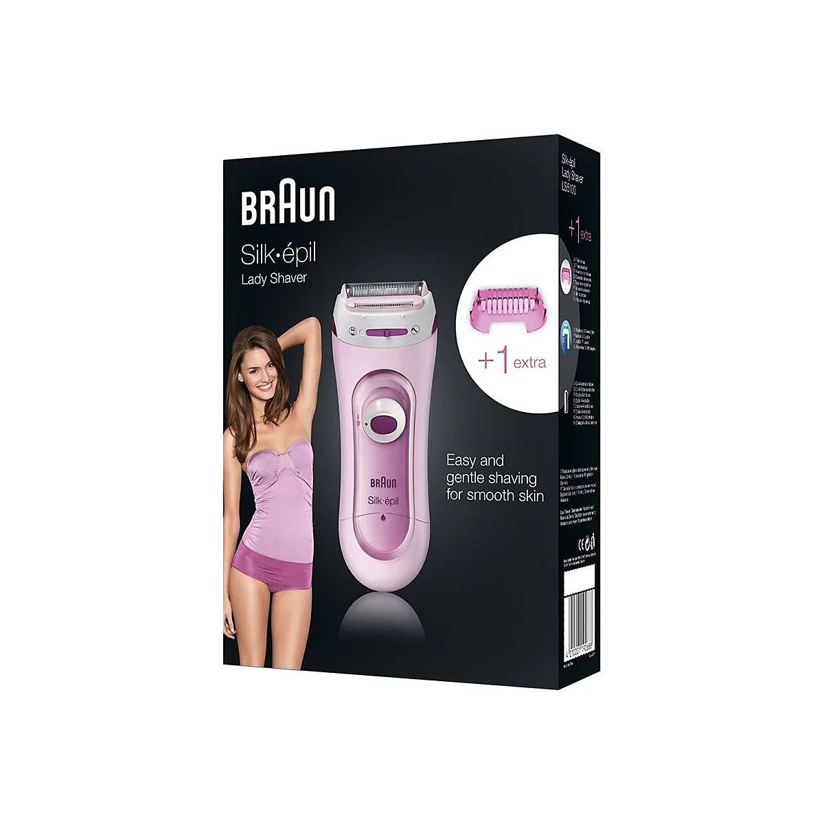 Braun Silk-épil Lady Shaver auf schwarzer Produktverpackung mit lächelnder Frau.
