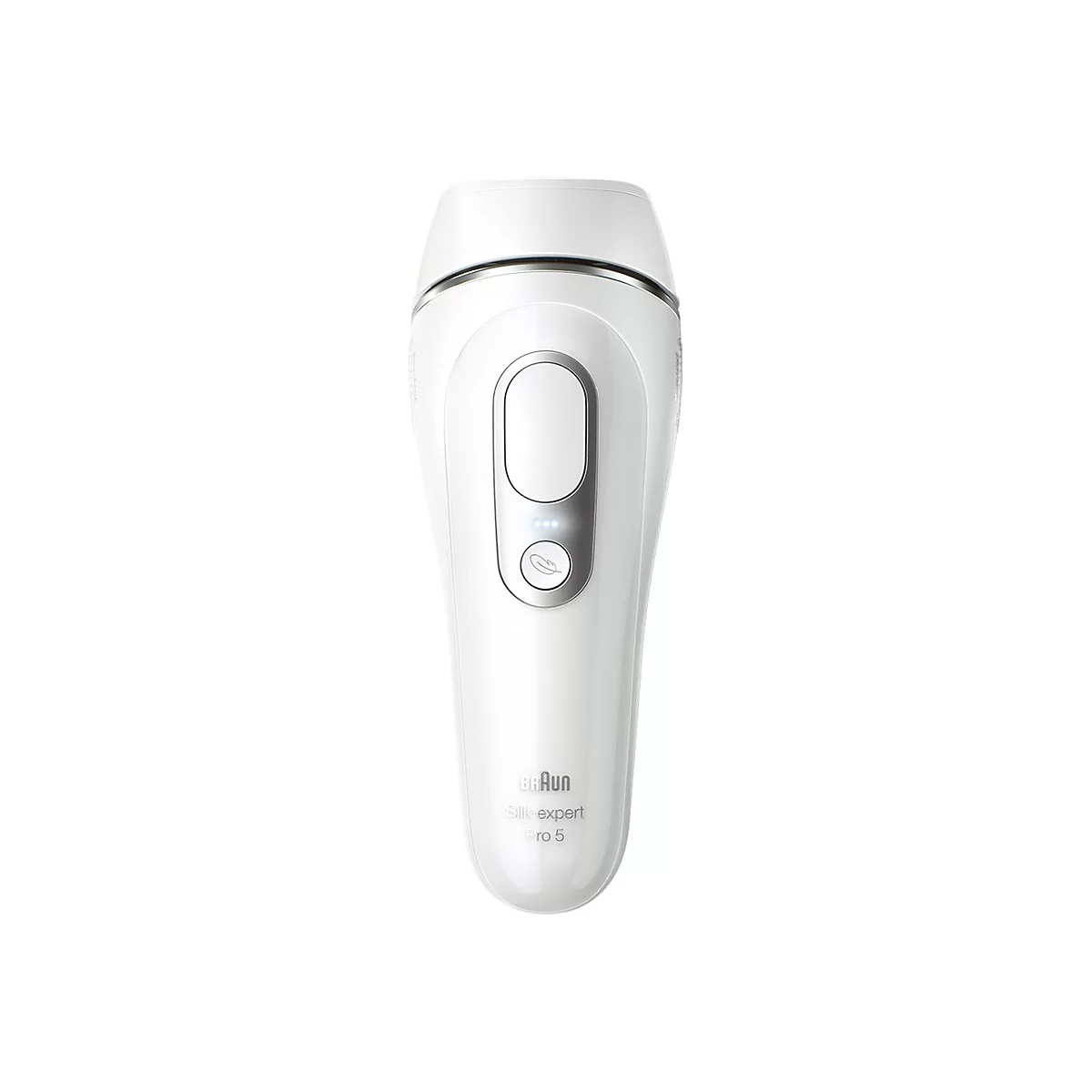 Weißes IPL-Haarentfernungsgerät Braun Silk-expert Pro 5 mit silbernem Knopf auf weißem Hintergrund.
