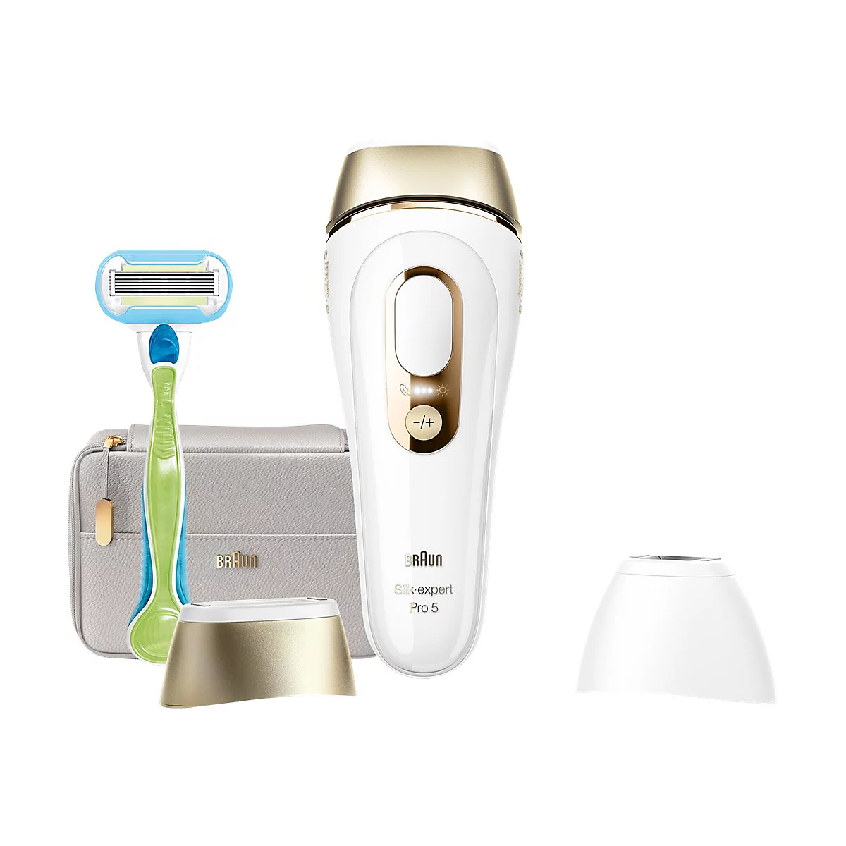 Braun Silk-expert Pro 5 IPL-Gerät mit Rasierer, Aufsätzen und Kosmetiktasche auf weißem Hintergrund.