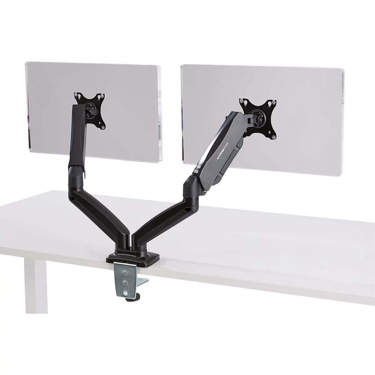 Brazo para monitor Schäfer Shop Select MX8-124, para 2 pantallas de hasta 32″ y hasta 8 kg, inclinable/giratorio/giratorio, regulable en altura, guía de cables, VESA, abrazadera de mesa.