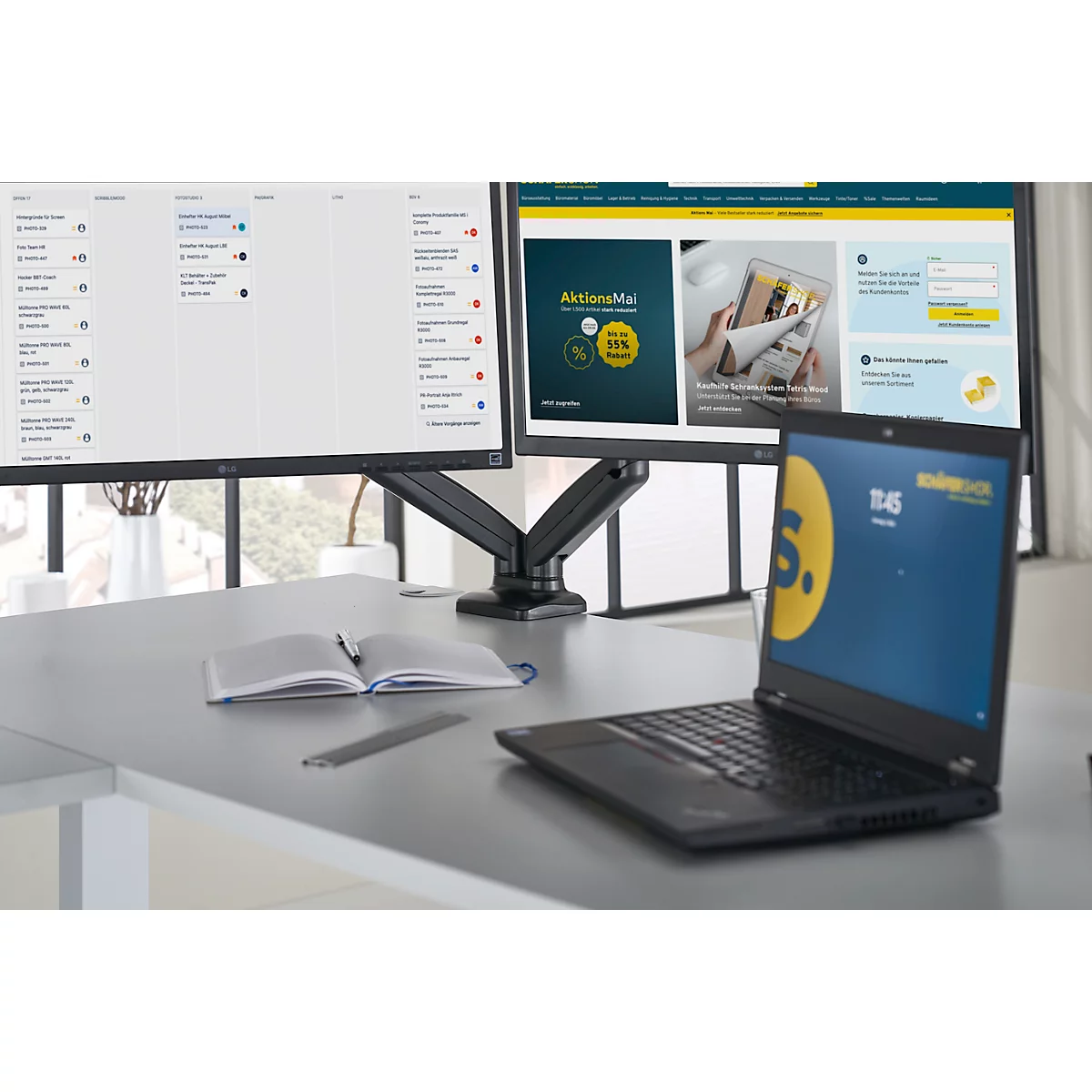 Brazo para monitor Schäfer Shop Select MX8-124, para 2 pantallas de hasta 32″ y hasta 8 kg, inclinable/giratorio/giratorio, regulable en altura, guía de cables, VESA, abrazadera de mesa.