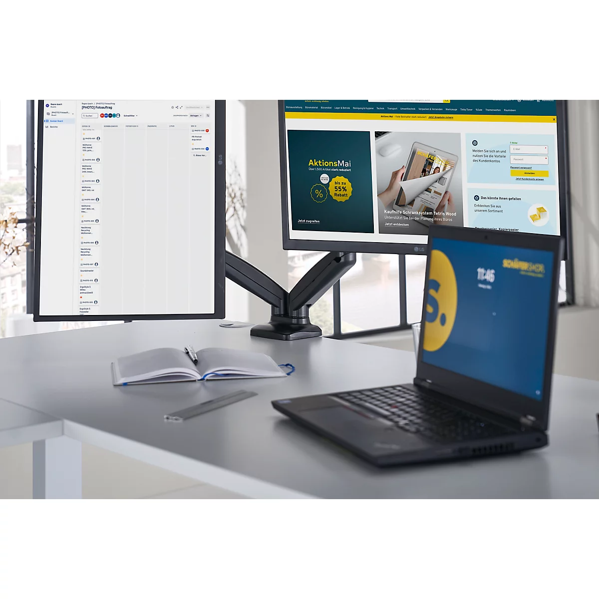 Brazo para monitor Schäfer Shop Select MX8-124, para 2 pantallas de hasta 32″ y hasta 8 kg, inclinable/giratorio/giratorio, regulable en altura, guía de cables, VESA, abrazadera de mesa.