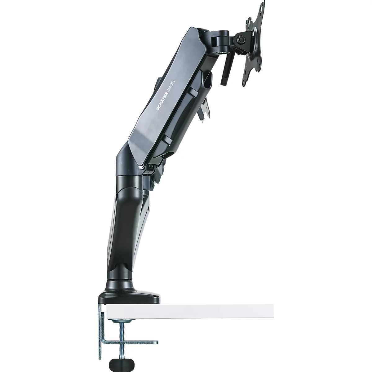Brazo para monitor Schäfer Shop Select MX8-124, para 2 pantallas de hasta 32″ y hasta 8 kg, inclinable/giratorio/giratorio, regulable en altura, guía de cables, VESA, abrazadera de mesa.