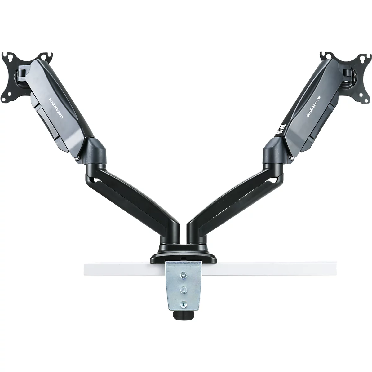 Brazo para monitor Schäfer Shop Select MX8-124, para 2 pantallas de hasta 32″ y hasta 8 kg, inclinable/giratorio/giratorio, regulable en altura, guía de cables, VESA, abrazadera de mesa.