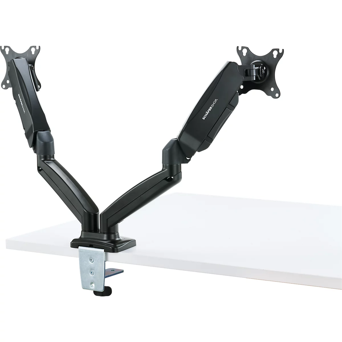 Brazo para monitor Schäfer Shop Select MX8-124, para 2 pantallas de hasta 32″ y hasta 8 kg, inclinable/giratorio/giratorio, regulable en altura, guía de cables, VESA, abrazadera de mesa.