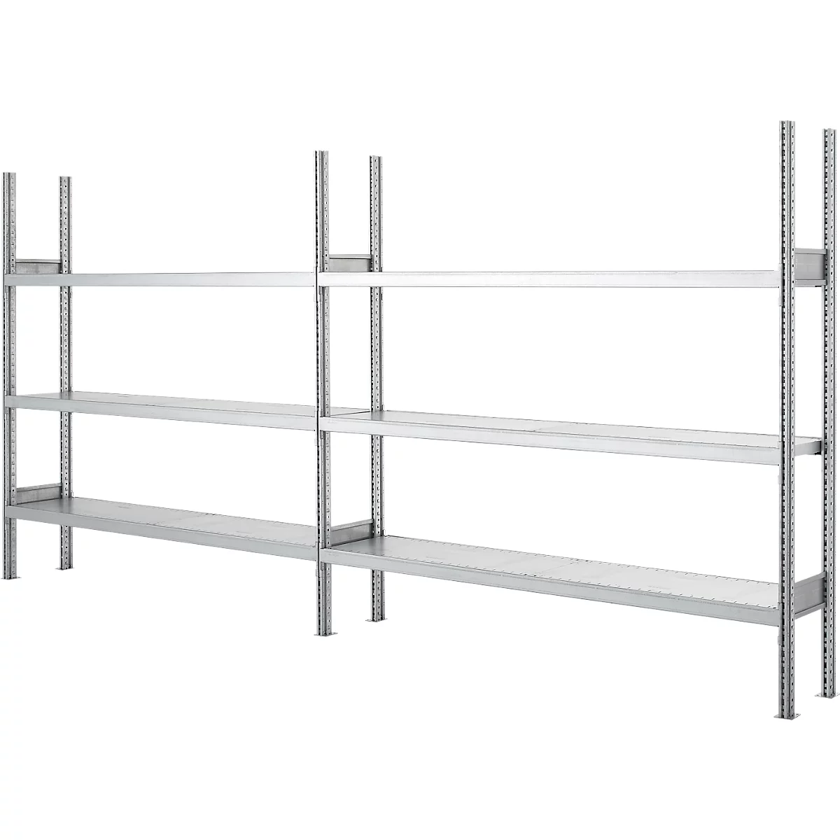 Metalen stelling met drie niveaus. De planken zijn verbonden door verticale stutten. Heldere omgeving.