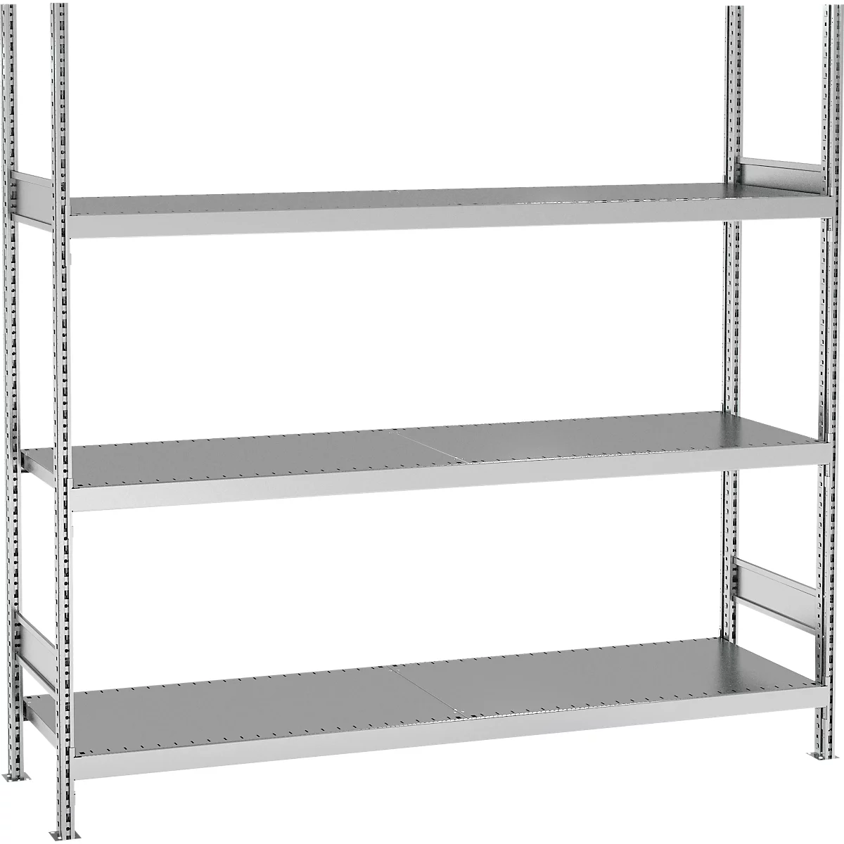 Metalen stellingkast met drie planken. De structuur is lichtgrijs en leeg.