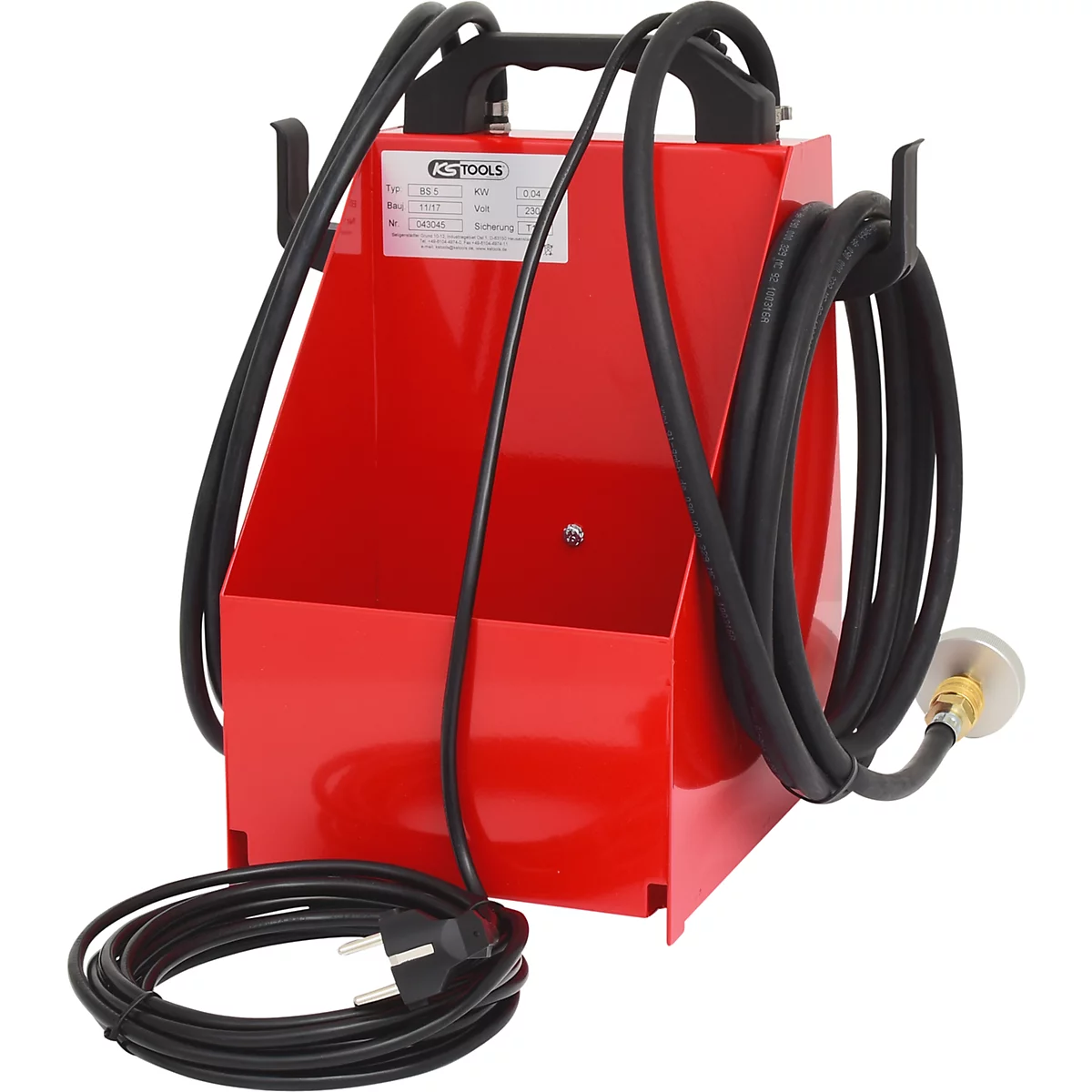 Roter Werkzeugwagen mit Griff, Schläuchen und Stecker.