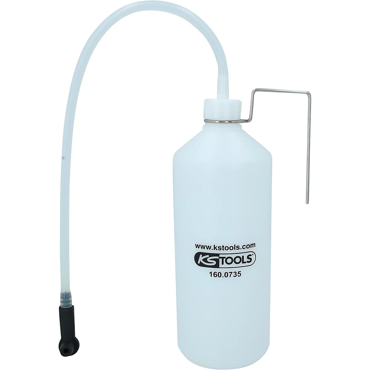 Eine weiße Flüssigkeitsabfüllflasche mit einem flexiblen, durchsichtigen Schlauch und einer Halterung. Aufdruck: www.kstools.com.
