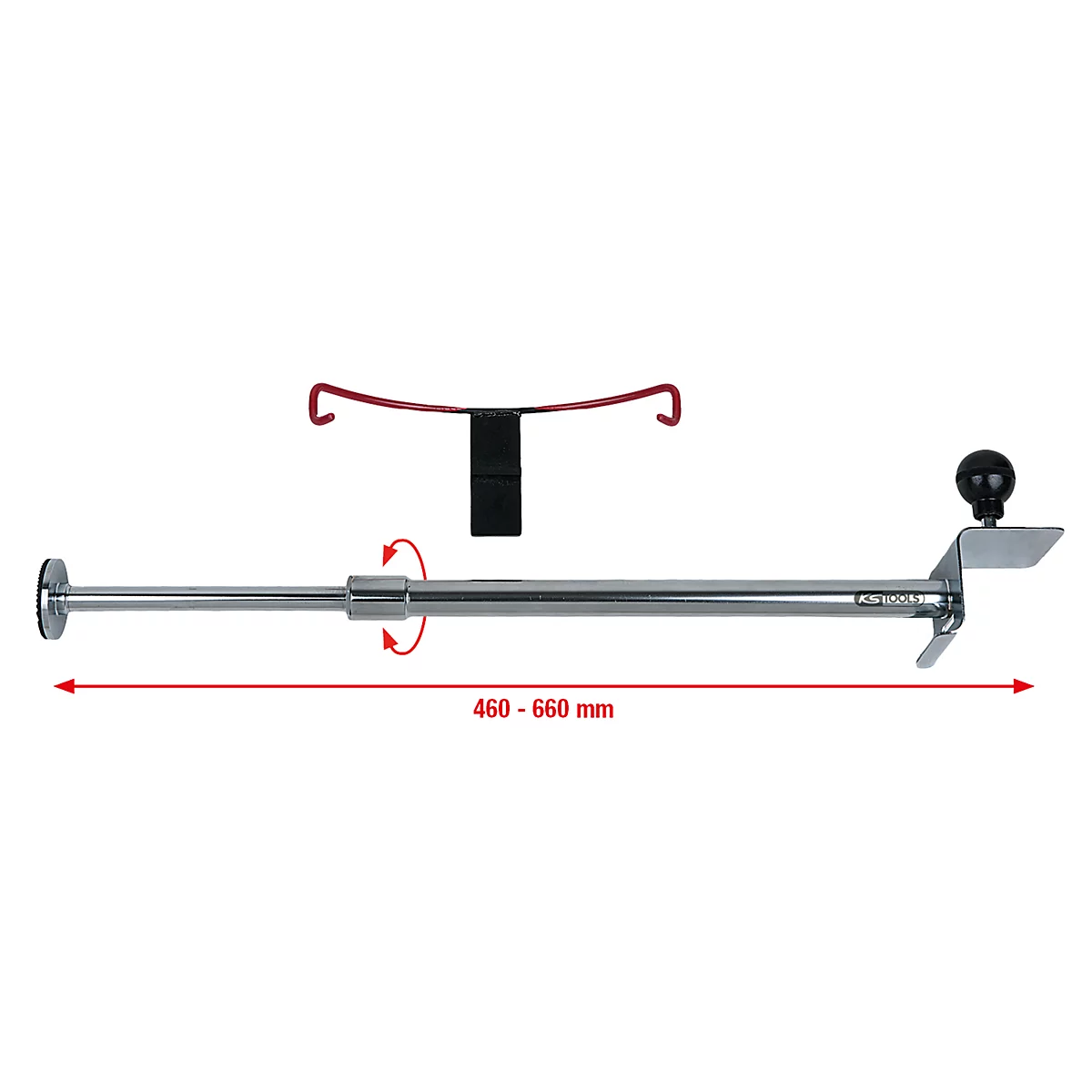 Verstellbare Stange mit roter Maßangabe. Darüber ein roter Haken und schwarzer Halter. 460-660 mm.
