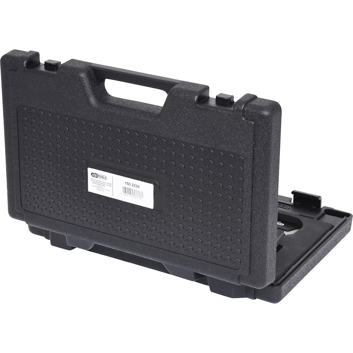 Schwarzer Werkzeugkoffer, teilweise geöffnet. Aufkleber mit Produktinformationen.
