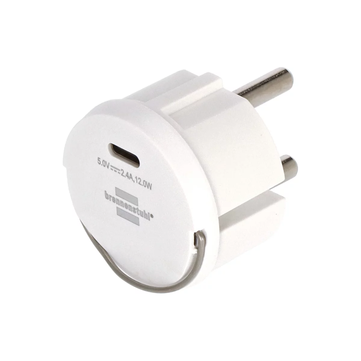 Adaptateur de prise blanc avec deux broches métalliques et une attache métallique.