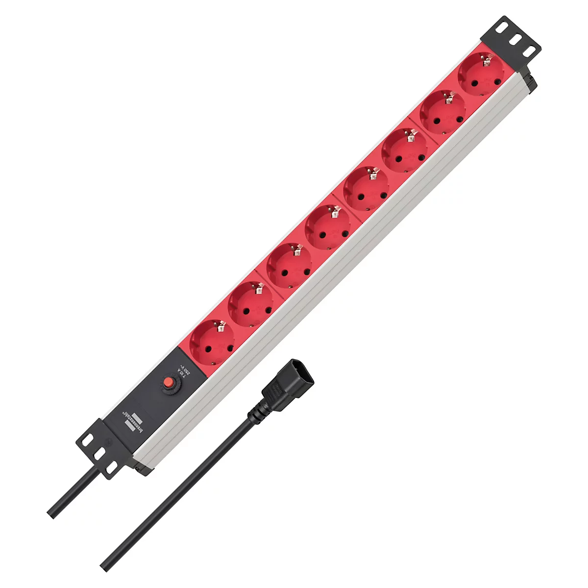 Un boîtier de distribution d'énergie rouge avec plusieurs prises, à côté d'un câble noir.