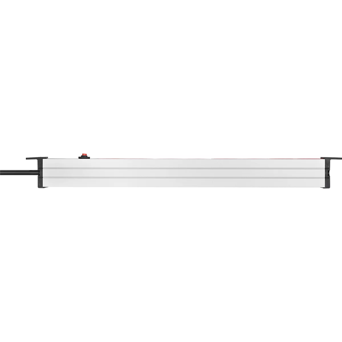 Un long luminaire à LED blanc avec des embouts noirs et un interrupteur rouge.