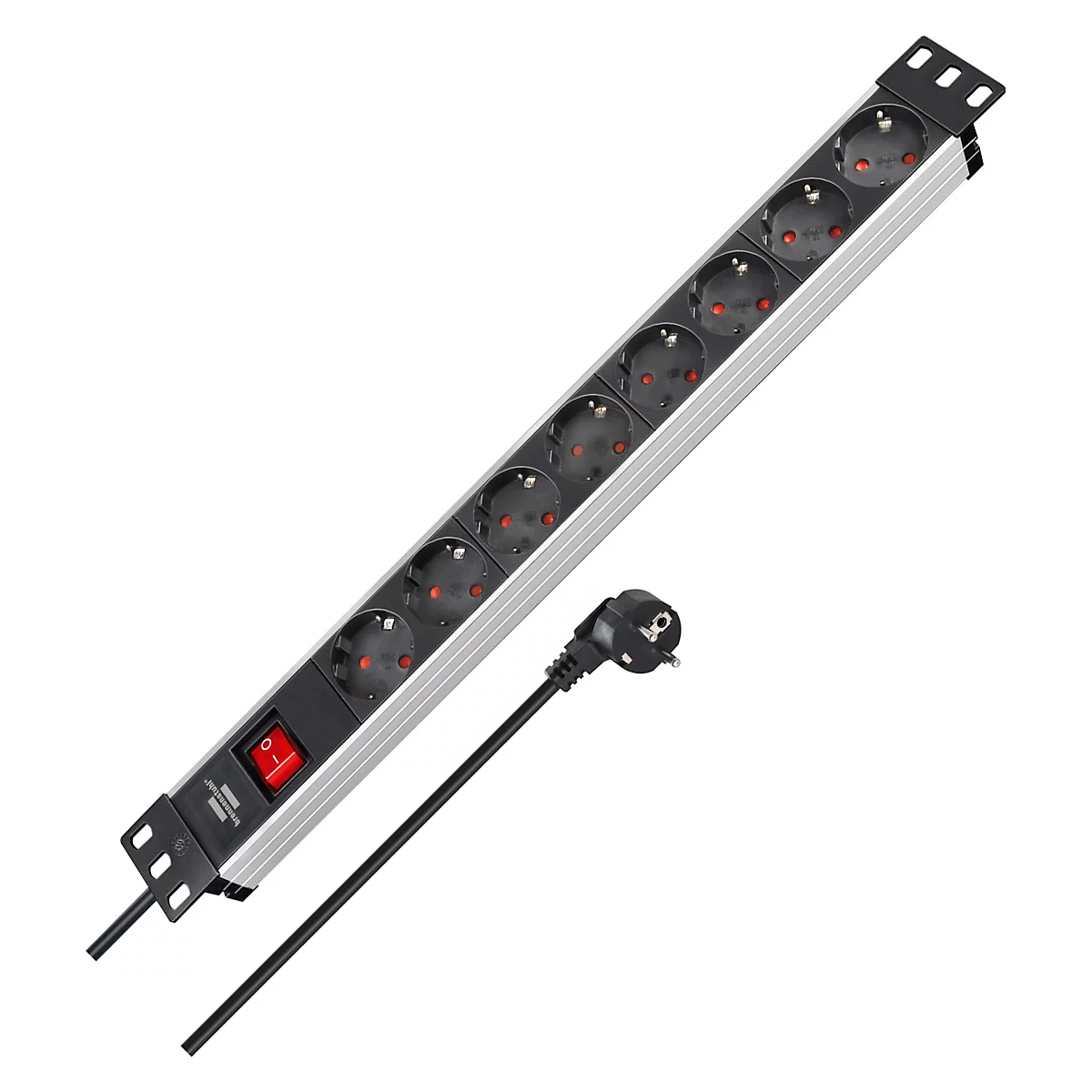 Une multiprise argentée avec huit prises, un interrupteur rouge et un câble noir.