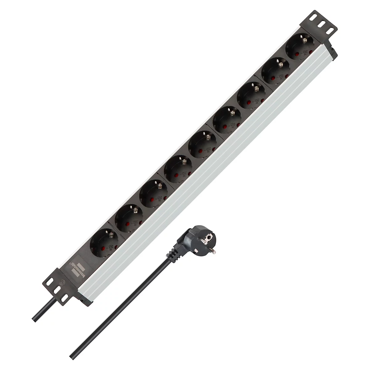 Multiprise argentée avec 10 prises, cordon d'alimentation, prise. Supports noirs des deux côtés.