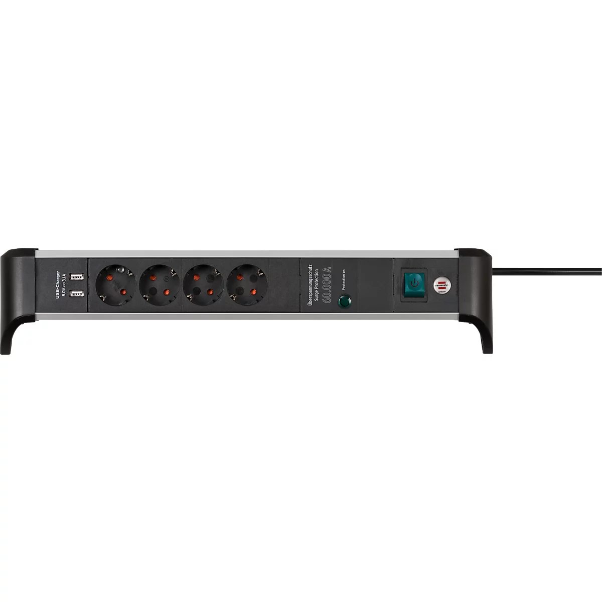Brennenstuhl Alu-Office-Line 4-fach Steckdosenleiste, 2 USB-Ladebuchsen, Überspannungsschutz bis 60.000 A, 45°-Anordnung, 1,8 m Kabel, L 480 x B 105 x T 105 mm, schwarz/silber