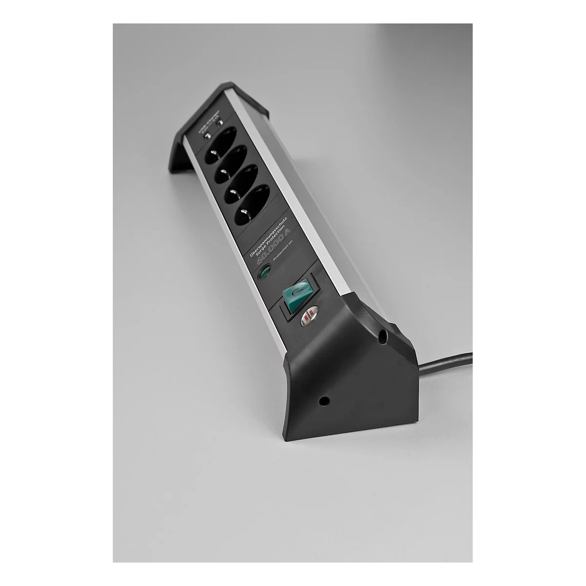 Brennenstuhl Alu-Office-Line 4-fach Steckdosenleiste, 2 USB-Ladebuchsen, Überspannungsschutz bis 60.000 A, 45°-Anordnung, 1,8 m Kabel, L 480 x B 105 x T 105 mm, schwarz/silber