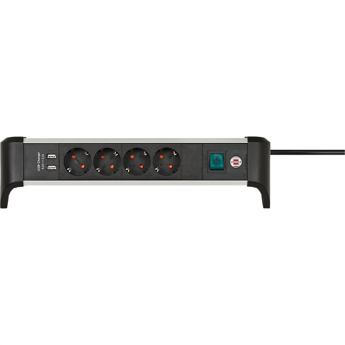 Brennenstuhl Alu-Office-Line 4-fach-Steckdosenleiste, mit USB-Ladefunktion, 45°-Anordnung, Aluminium, 1,8 m Kabel, L 390 x B 90 x T 105 mm, schwarz/silber
