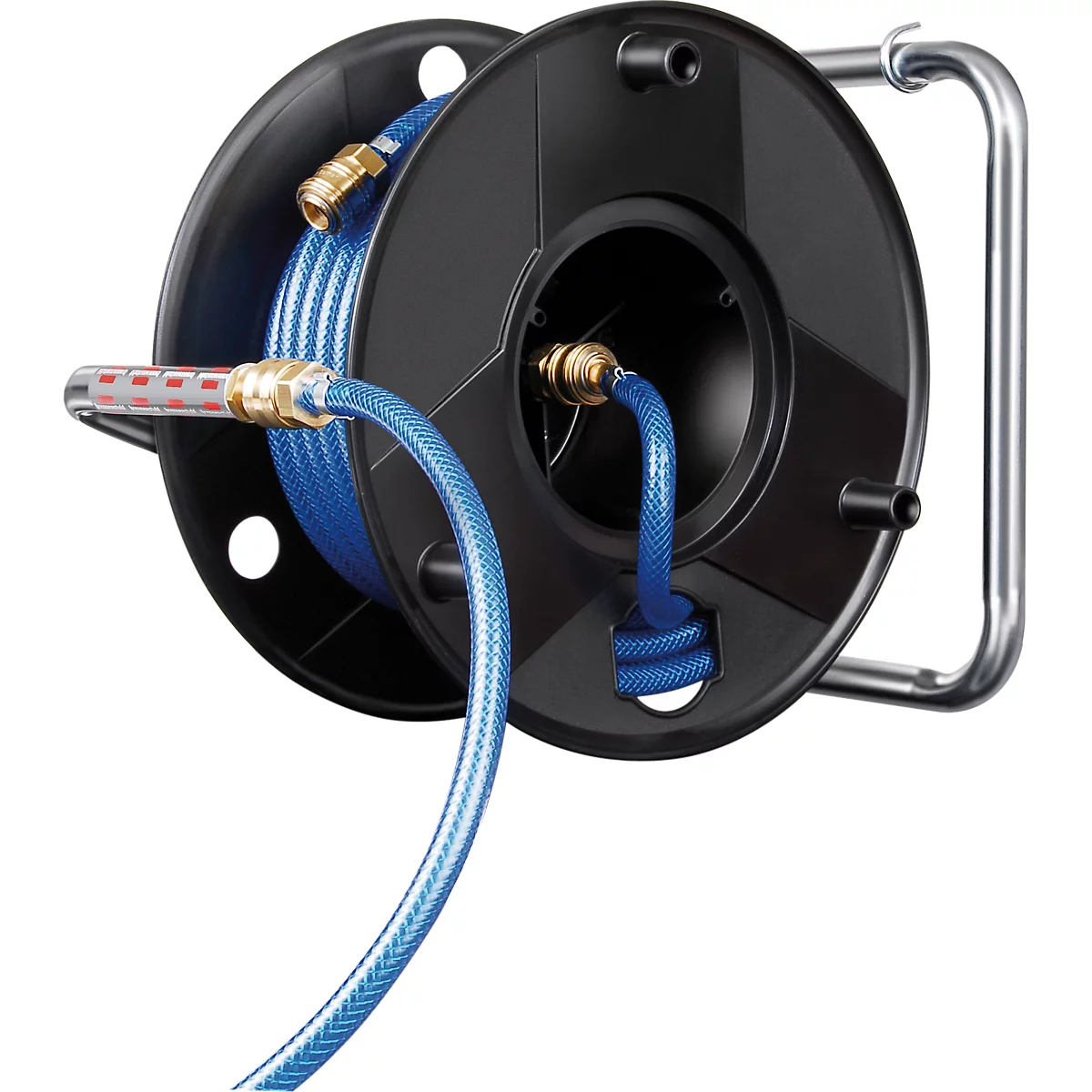 Black hose reel with blue hose. Rolled up, with metal mounting.