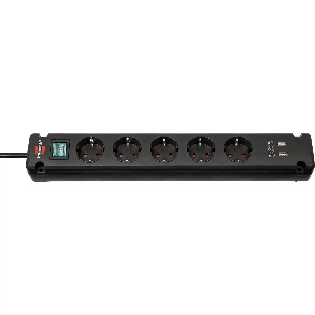 Brennenstuhl Bremounta contactdoosstrook, 5-voudig, 2 USB-poorten, 90° opstelling, 3 m kabel, veiligheidsschakelaar, L 80 x B 430 x D 70 mm, zwart