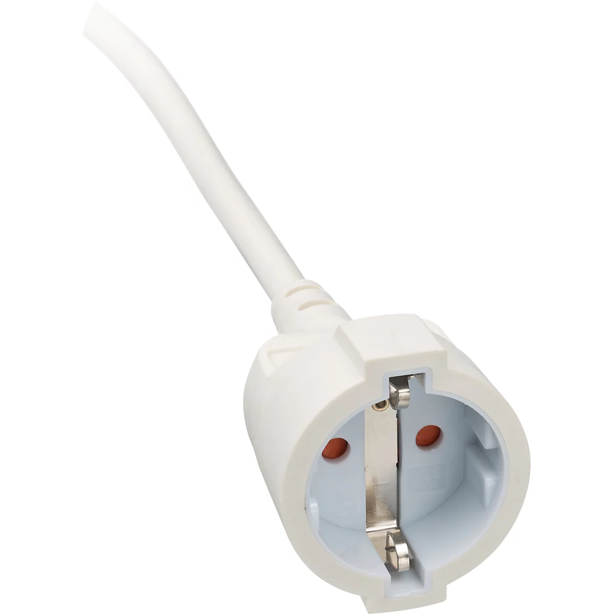 Gros plan d'une prise électrique blanche, avec deux trous et une broche de mise à la terre. Le câble est également blanc.