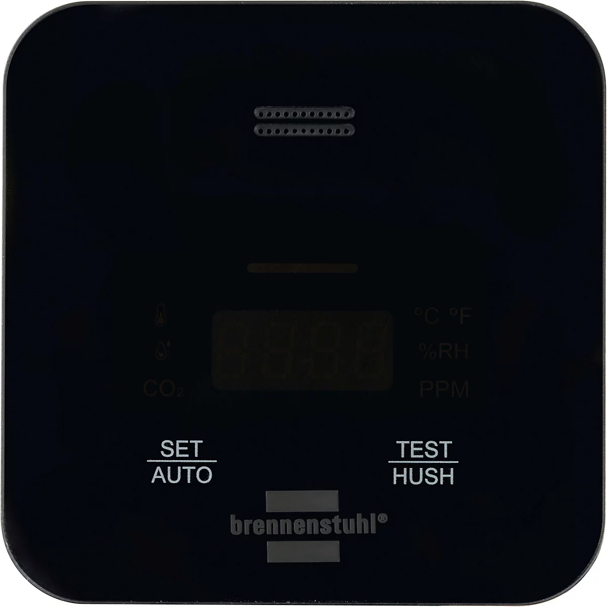 Zwarte CO2-meter met groen display. Toont '788 PPM', met knoppen en merklogo eronder.