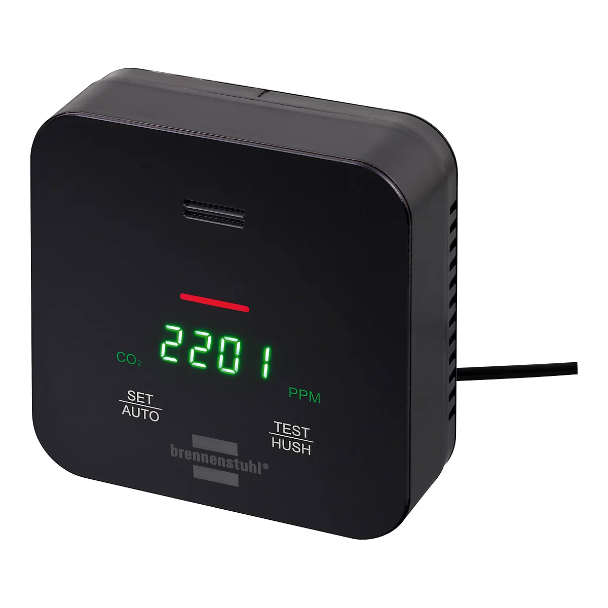 Zwarte CO2-detector met groene display: 2201 PPM. Rode streep boven, daarna CO2, SET, AUTO, TEST, HUSH. Brennenstuhl logo.