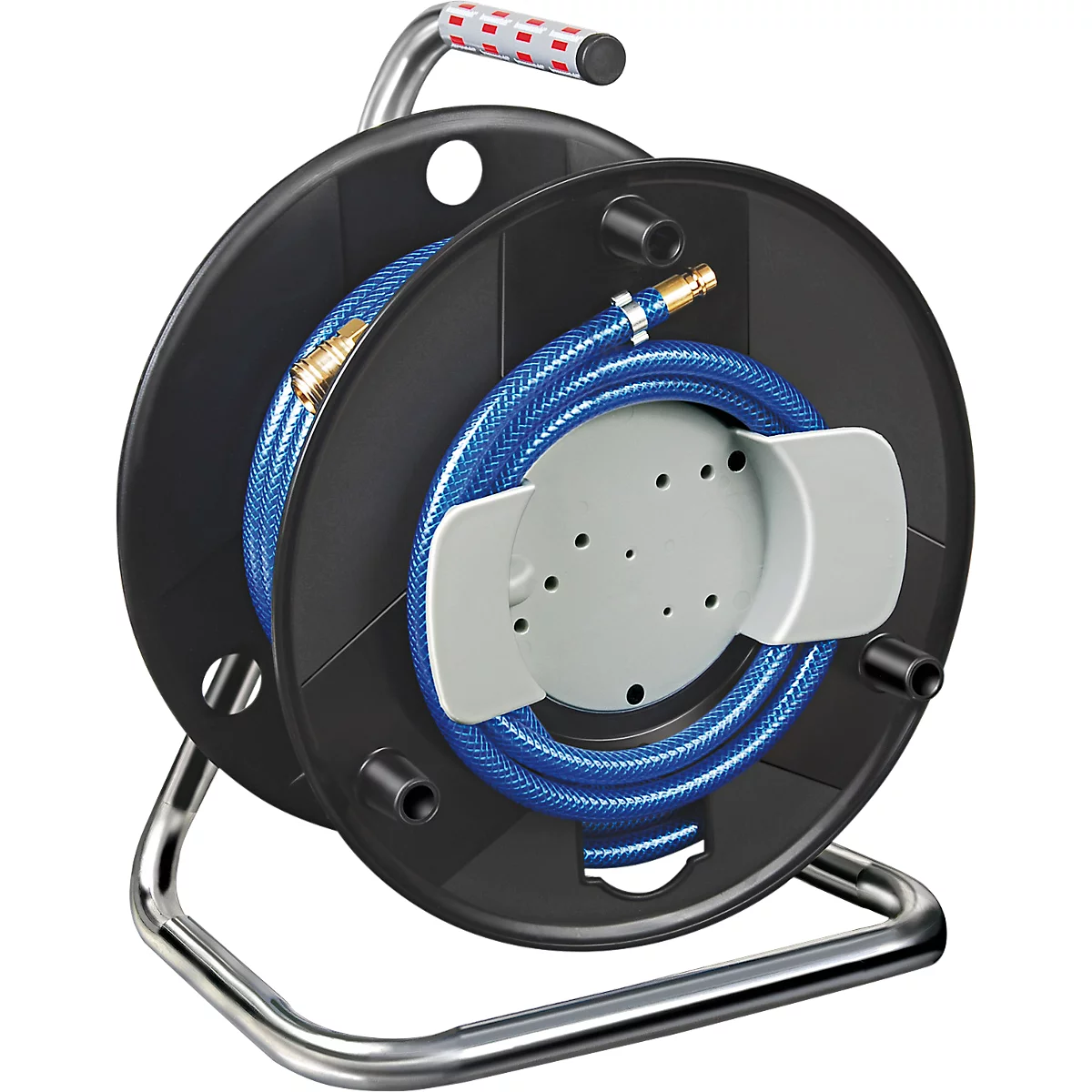 Black hose reel with blue hose on silver frame. Handle with red and white pattern.