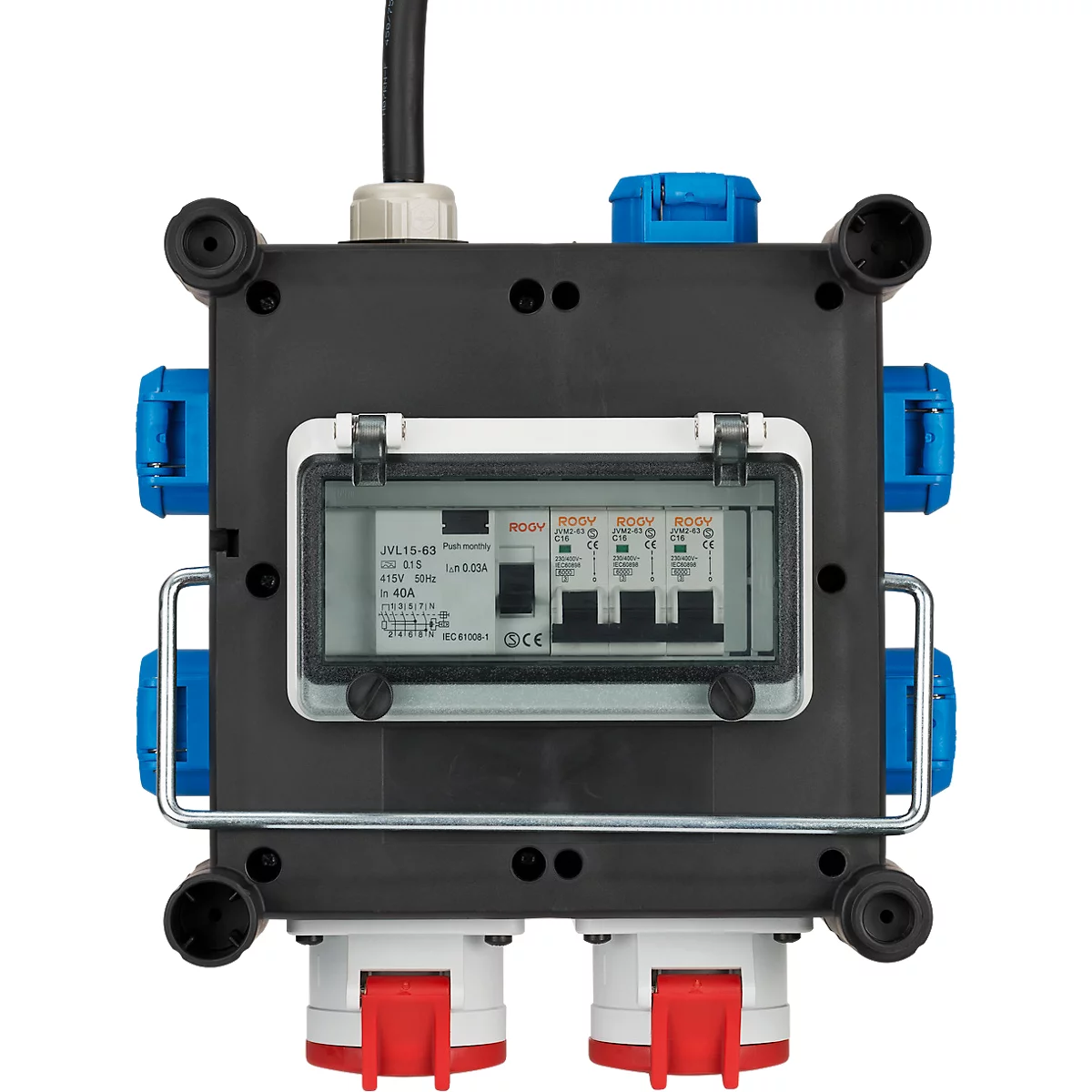 Brennenstuhl distributeur de courant compact en caoutchouc, 1x fiche CEE 400 V/16 A, 2 prises CEE 400 V/16 A, 5 prises à contact de protection 230 V/16 A, disjoncteur de protection FI, résistant aux températures de -30°C à +80°C, poignée de transp...