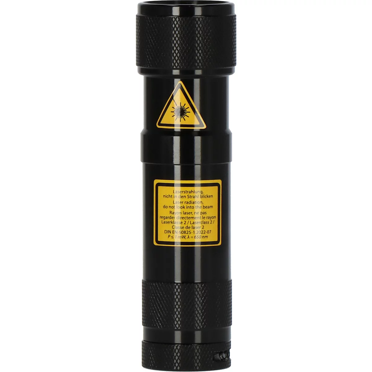 Zwarte zaklamp met rode laserstraal. Er zit een knop aan de zijkant om hem aan en uit te zetten.