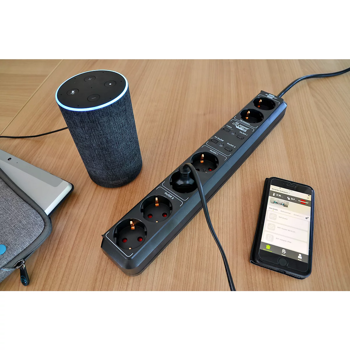Brennenstuhl Eco-Line WiFi-Steckdosenleiste 6-fach, 2 x 2 schaltbare Steckdosen, 2 Permanent-Steckdosen, App- und Sprachsteuerung, 1,5 m Kabel, L 450 x B 50 x T 100 mm, schwarz