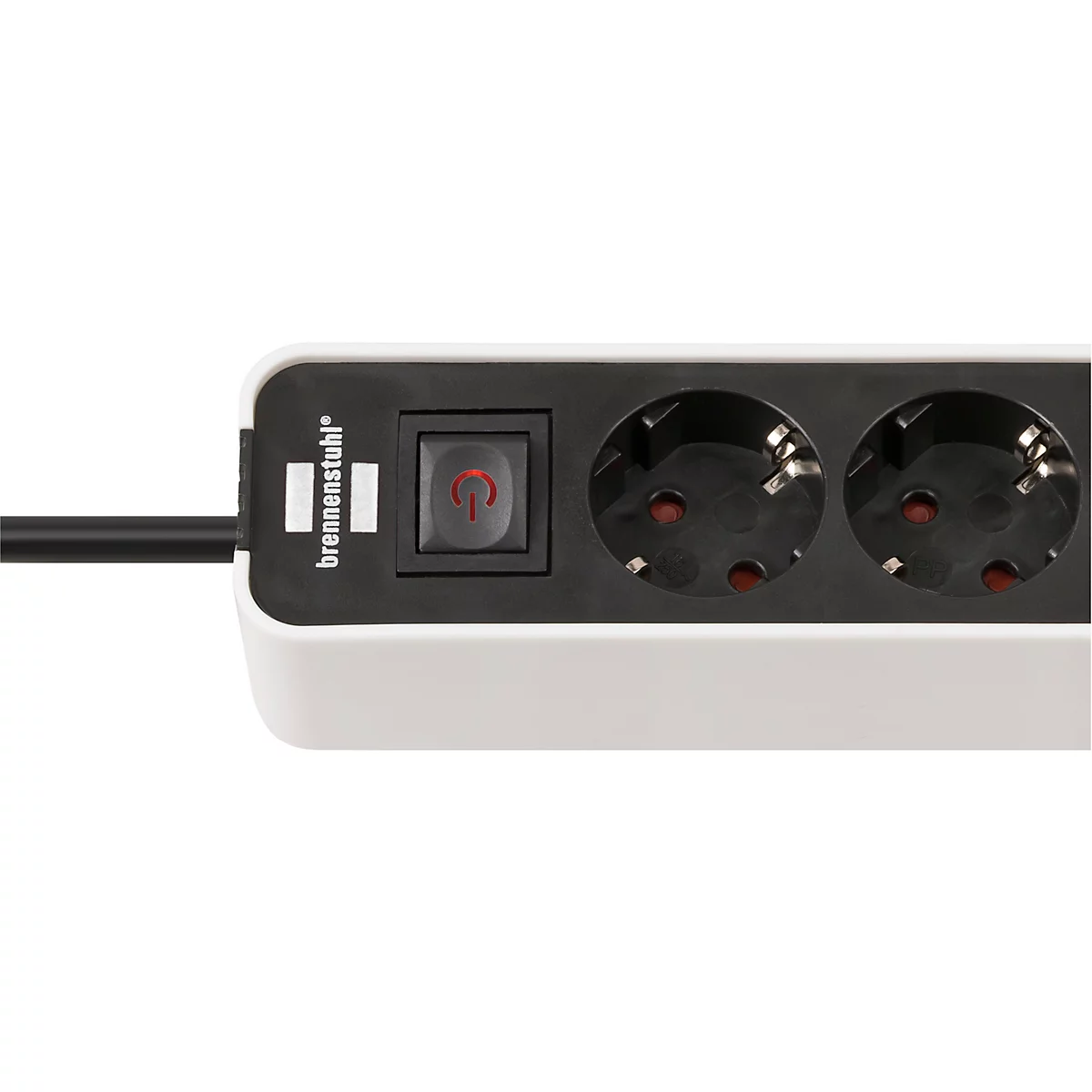 Gros plan d'un appareil blanc rectangulaire avec un interrupteur noir et un câble noir qui dépasse.