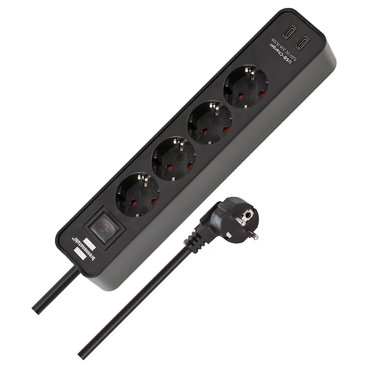 Zwart stekkerblok met vier stopcontacten, twee USB-poorten en een aan/uit-schakelaar, daarnaast een stekker met kabel.