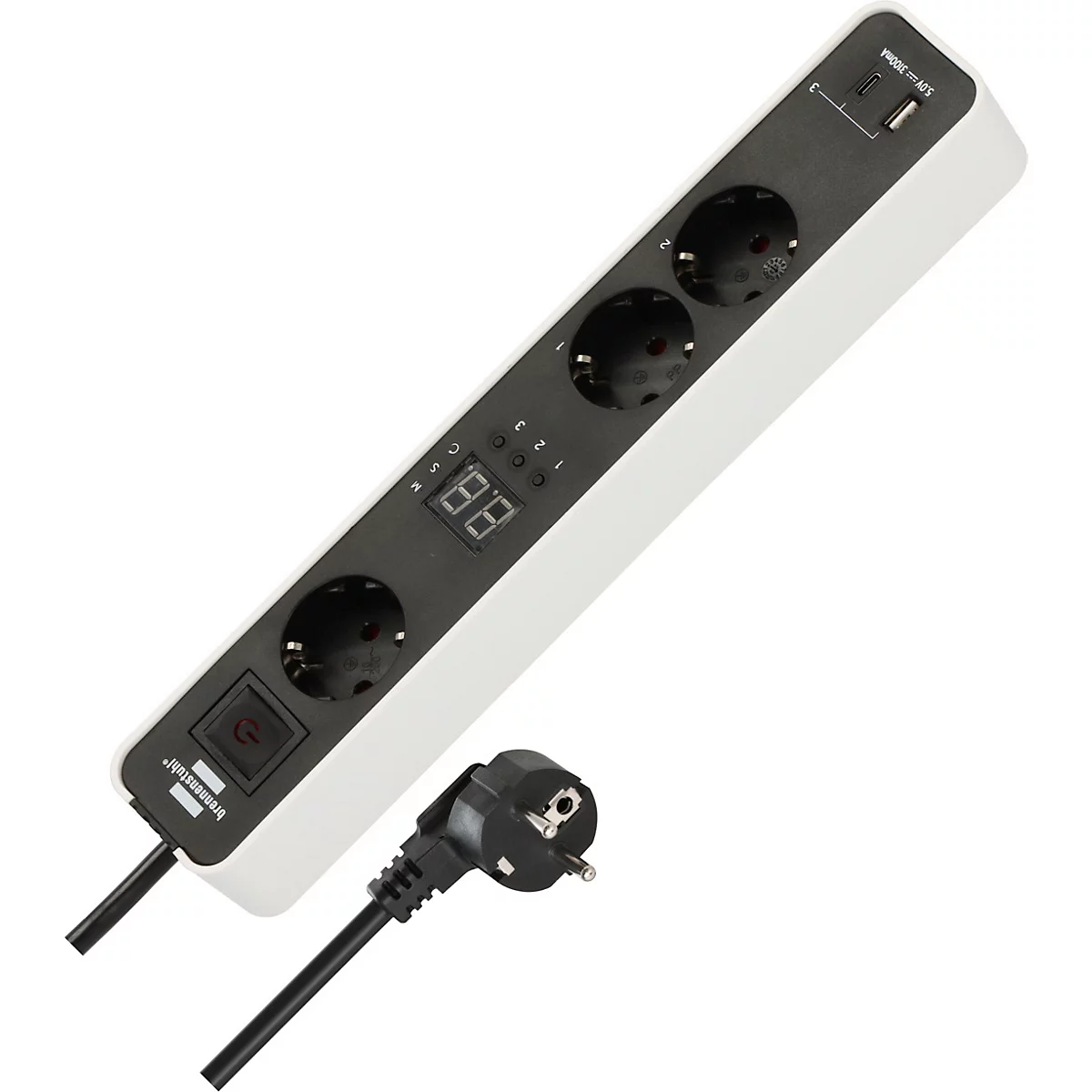 Meervoudig stopcontact met stekker. Witte behuizing met zwarte balk. Stopcontacten, schakelaar, USB-poort en display.