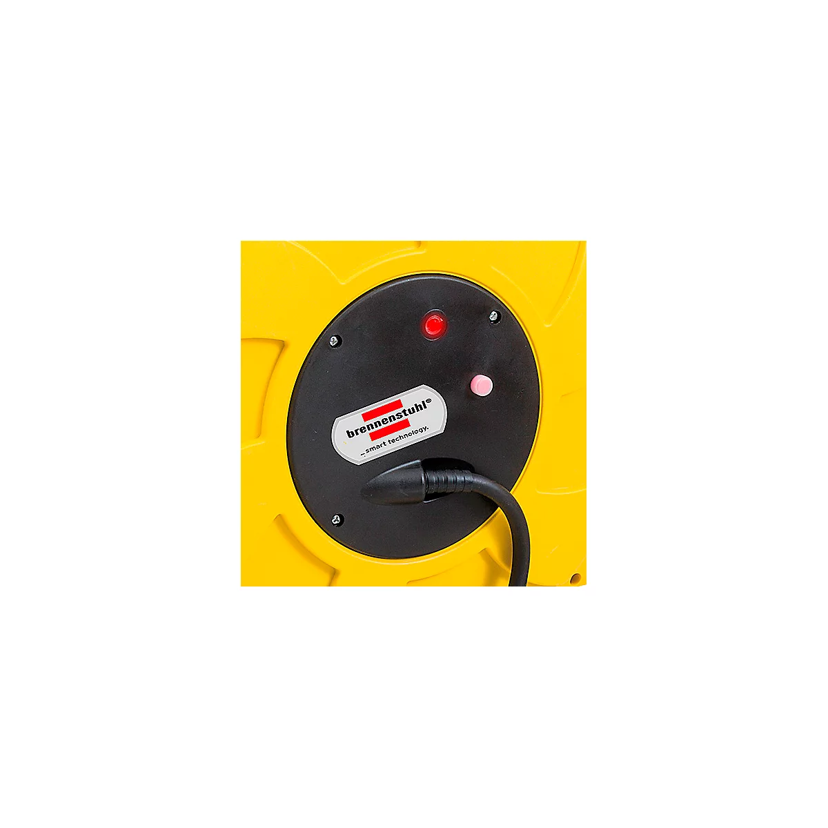 Détail d'un enrouleur de câble, avec le logo Brennenstuhl, un voyant rouge et un bouton rose.