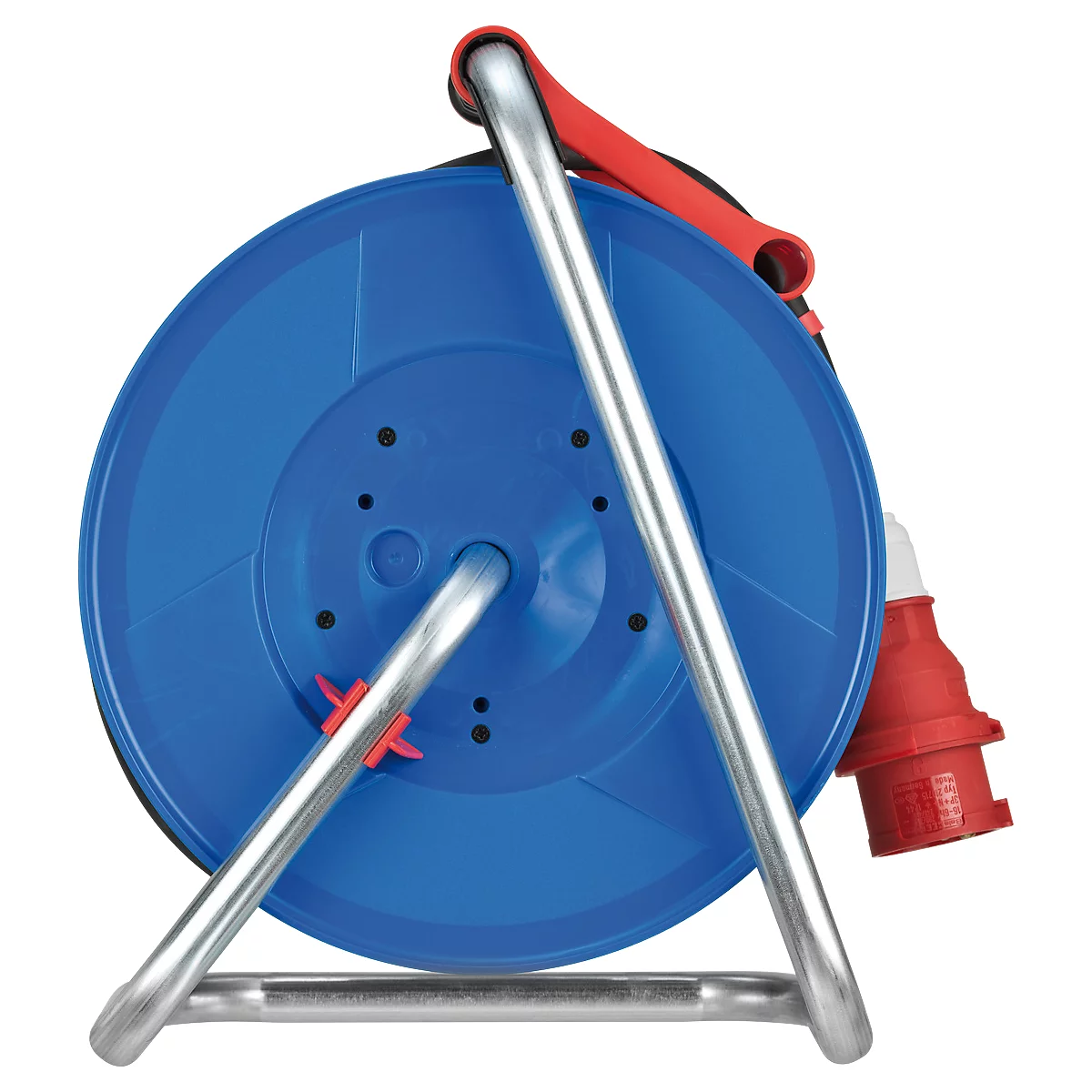 Boîtier de dévidoir bleu avec prise rouge et cadre métallique.