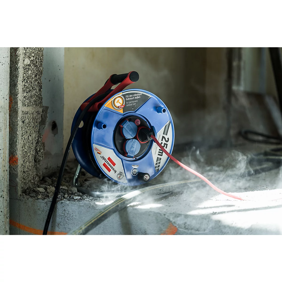 Brennenstuhl Garant Gewerbe-/Baustellen-Kabeltrommel, 25 m RN-Kabel, IP44, cablepilot Tragegriff, Drehgriff, L 190 x H 370 mm, blau/rot/schwarz